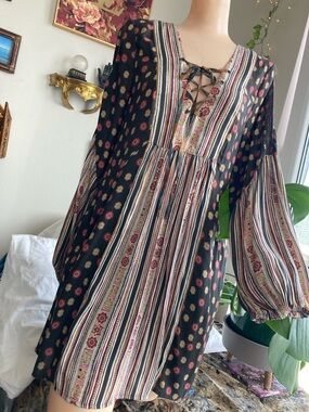 Boho free people rain or shine long sleeve mini dress